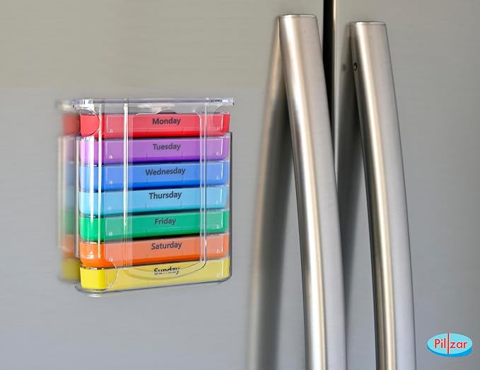 7 Day Pill Box Organizer, Hard Case with Embedded Magnet, 7 Stackable Trays, Perfect for Travel and Home Use.