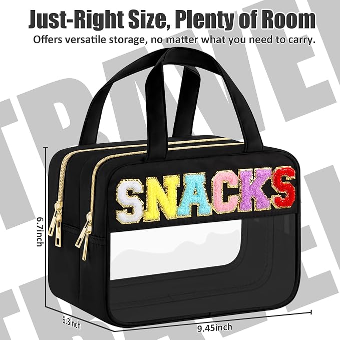 BuyCard Chenille Letter Clear Makeup Bags, Snacks Bag for Travel, Preppy Patch Nylon Cosmetic Bag with Handles and Zipper, Waterproof Large Clear Travel Toiletry Bag Storage Bag for Women Black
