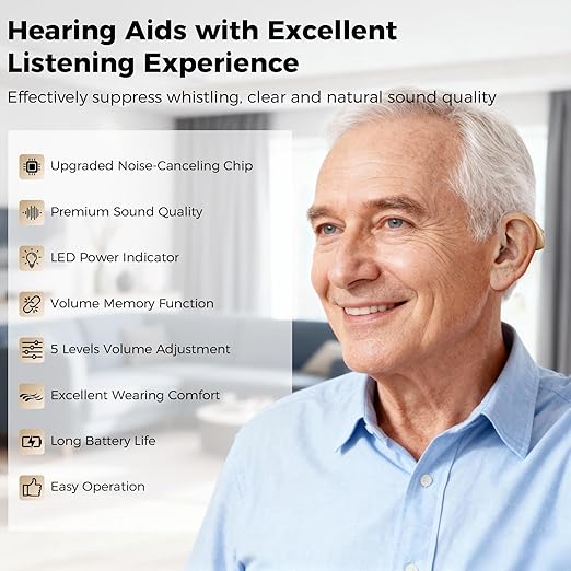 OTC Hearing Aids for Seniors & Adults - Rechargeable, 25+ Hour Battery Life, Advanced Noise Cancellation, 5-Level Volume & Memory, Clear Sound, Comfort-Fit, LED Display (Black)