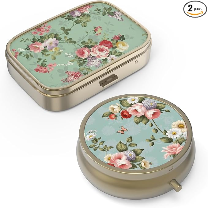Pill Case Pill Box with Mirror Retro Small Pill Case for Purse or Pocket Bronze Pill Box or Vitamins, Fish Oil, Supplements, Pill Containe Travel Gifts（2PCS）