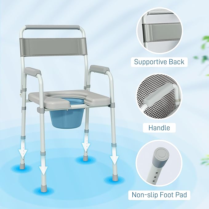 HOMCOM 4 in 1 Bedside Commode Shower Chair Portable Toilet Raised Toilet Seat with Handle for Seniors, Adults, Handicap, Adjustable Height, Gray