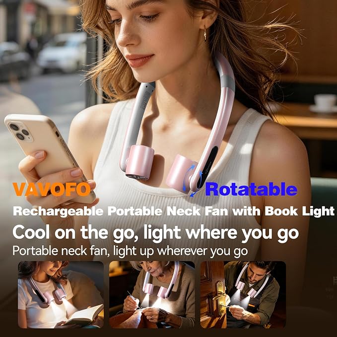 VAVOFO Portable Neck Fan with Book Light, Hands Free Wearable Cooling Fan | 6000mAh Rechargeable, 3 Speeds, 250° Adjustable, Ideal Gift for Reading, Travel, Office, Hiking, Fishing & Sports