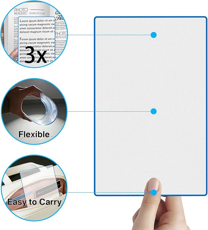 4 Pcs Magnifying Sheet 3X Page Magnifier for Reading Lightweight PVC Fresnel Lens with 4 Pcs Magnifying Bookmark Ruler for Low Vision & Seniors