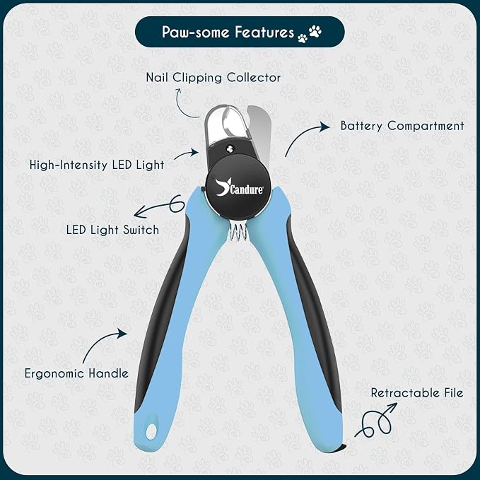 Candure LED Dog Nail Clippers with Light - Pet Nail Clippers with Light for Dogs & Cats, Sharp Stainless Steel Blades for Thick Nails, Safe Grooming Trimmer with Nail File (Sky Blue) | Includes Nail File, Small to Large Breeds, Avoids Over-Cutting, Pro...