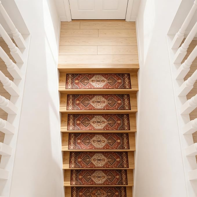 GIB Stair Treads for Wooden Steps Indoor, 15 Pack 8" X 30" Non Slip Carpet Stair Treads with Reusable Adhesive for Kids Elders and Dogs, Boho Vintage Oriental Stair Runner, Persian Tribal Orange Red