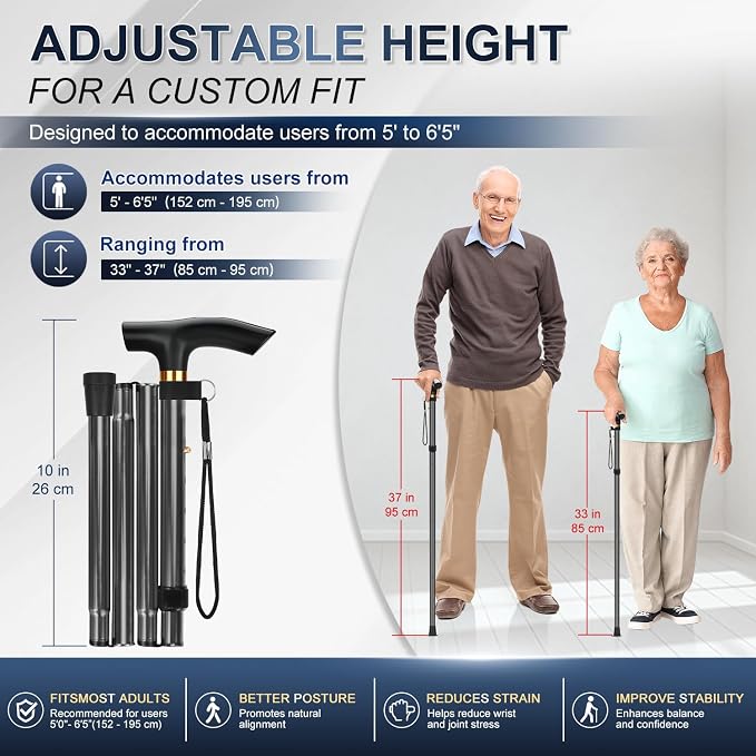 supregear Folding Cane, 5-Level Adjustable Height Walking Stick Lightweight Collapsible Portable Travel Cane with Wrist Strap and T Handle for Elderly Disabled Men Women