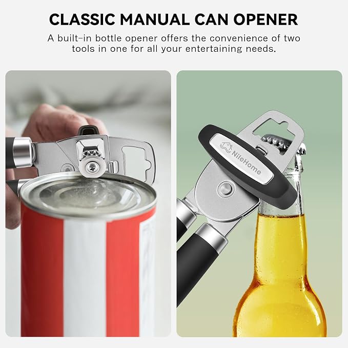 NileHome Smooth Edge Manual Can Opener, Sharp Steel Wheel Senior Friendly | Easy Turn Knob, Soft Grip Cushioned Handles, Heavy Duty, Commercial & Household Use, Manual Design