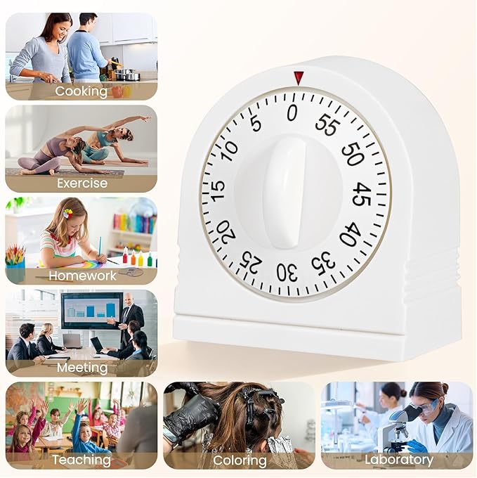 Kitchen Timers for Cooking, 60 Minute Wind Up - Chef Cooking Timer with Loud Alarm,100% Mechanical Desk Timer -No Batteries Required - Manual Countdown timers for Home, Study and Cooking (White)