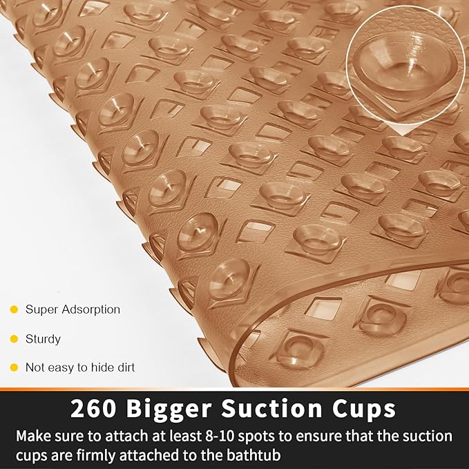 Yimobra Bathtub Mat Non Slip, Super Strong Suction Cups, 34.5"x15.5" Long Shower Mat with Drain Holes, Machine Washable Fast Draining Bath Mats, Bathroom Essentials,Clear Brown