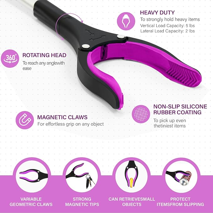Grabber Reacher Tool - 2 Pack 32” Reacher Grabber Tool with Strong Magnetic and Swivel Head - Pick Up Stick Grabbers for Seniors, Trash, Surgery Recovery Must Haves Gifts(Pink)