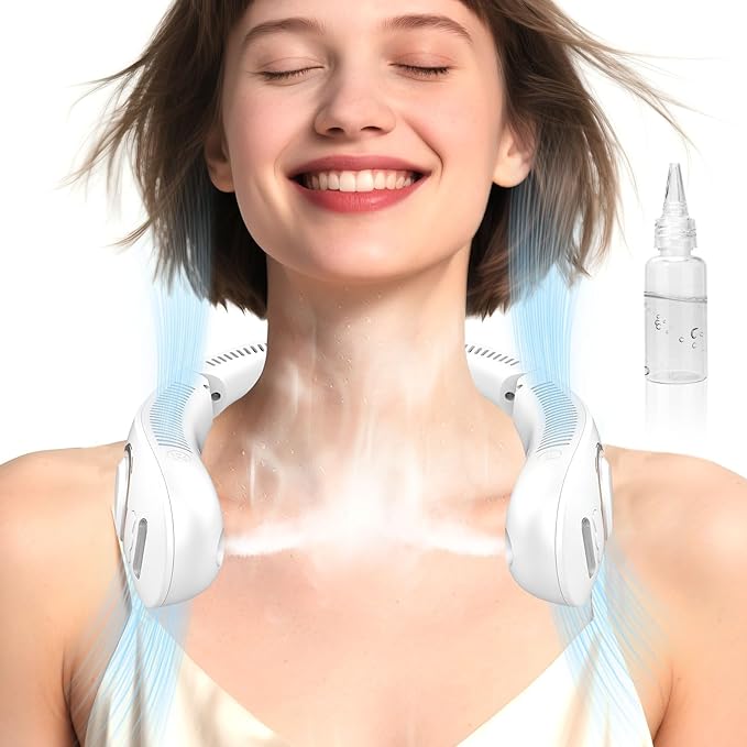 Portable Neck Fans with Mist, Rechargeable 4-9H Lasting Neck Cooling that Blow Cold Air, 5 Speeds & LED display, USB-C Bladeless Folding Personal Mister for Kid Adult Indoor Outdoors Sports, White