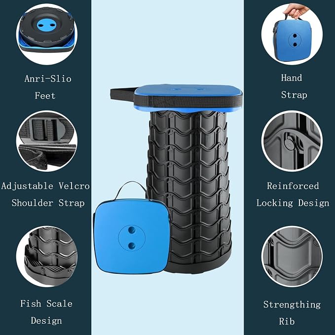 Upgraded Collapsible Stool Portable for Adults Heavy Duty, 620lbs Max Weight, Square Foldable Stool Thickened Telescoping Folding Seat for Camping Hiking, Outdoor, Travel(Square) (Blue)