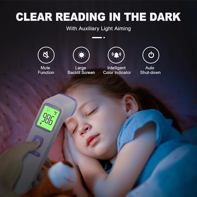 No-Touch Thermometer for Adults, Kids, Babies, 1-Sec Fast Accurate (Purple) | Fever Alarm, Large LCD with 3-Color Backlight, Silent Mode, 35-Reading Memory, Forehead & Object Mode, for Home & Clinic