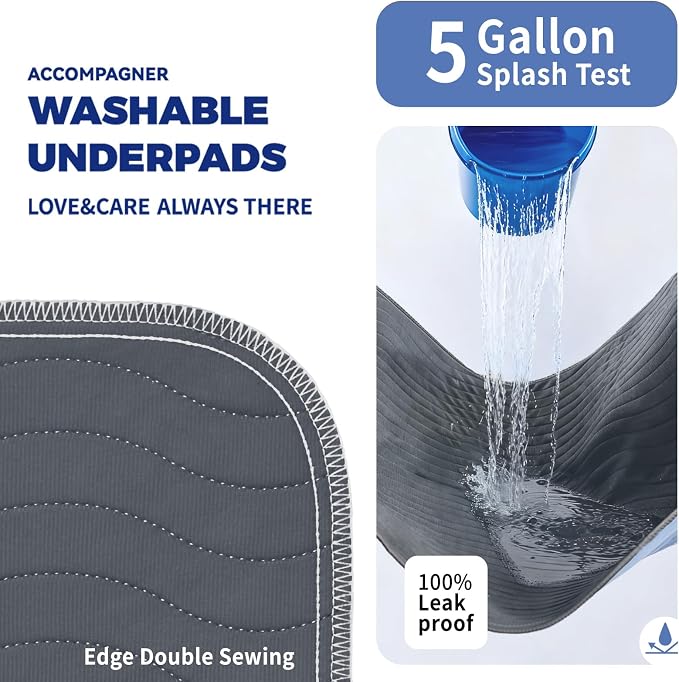 Accompagner Incontinence Bed Pads Washable Waterproof, Ultra-Absorbent Reusable Underpads for Diaper Changing, Nursing, Bedridden, Adults, Seniors, Kids and Dogs (Dark Gray, 36"x54"(Pack of 4))