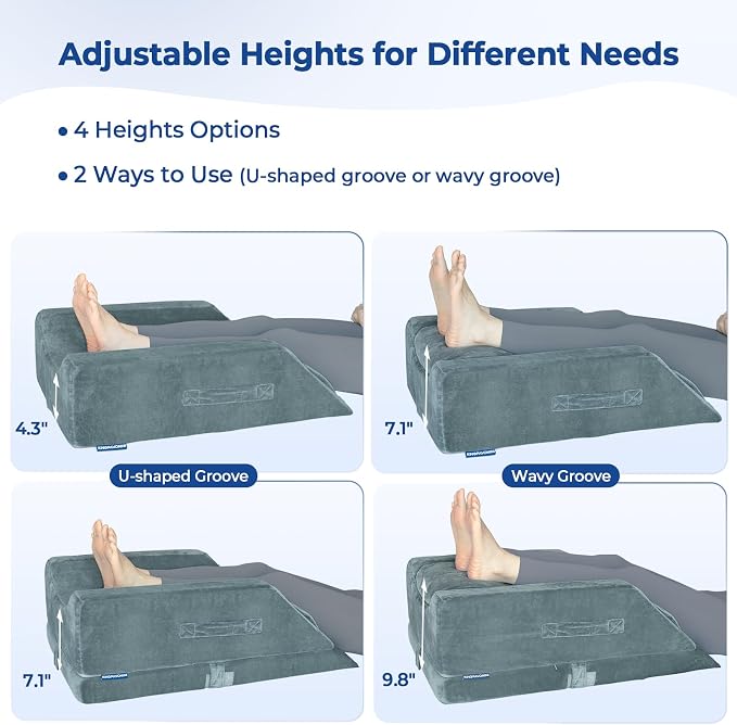 KingPavonini 4-Height Adjustable Leg Elevation Pillows for After Surgery with Ergonomic Curve, Memory Foam Leg Support Pillow for Legs, Back Pain Relief, Wedge Pillow for Sleeping, Rest (Double Leg)