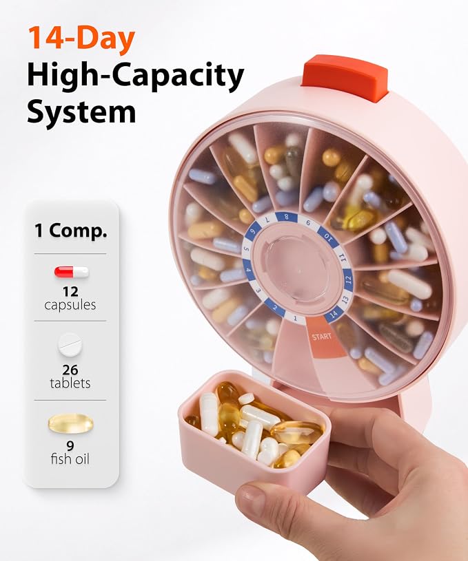 Pill Dispenser 14 Day – Rotating Medicine Organizer Wheel with Push Button, Wall Mounted or Desktop Manual Pill Dispenser for Elderly & Seniors, Large Capacity Vitamin & Medication Organizer