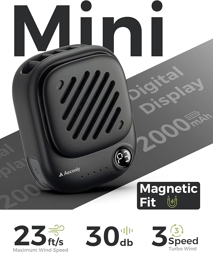 Aecooly Mini Portable Neck Fan, Mighty Hands Free Fan, Magnetic Fit | USB Rechargeable [10H Max Cooling Time], Personal Battery Powered, Pocket for Travel, Summer, Gifts for Women -Black