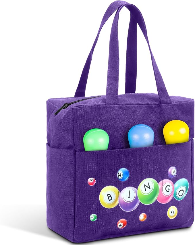 Windyun Bingo Bags Large with 10 Pockets for Daubers Dabbers Dobbers Dotters Zipper Tote Bag Bingo Card Stuff Storage Game Accessories Supplies Gift for Women Adults Seniors Mothers Day(Purple)