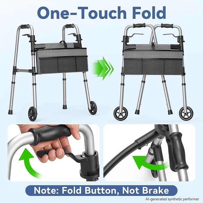 Loyoda Folding Walker with Basket and Glide Skis, 5" Wheels Lightweight Walkers for Seniors and Adults, Supports Up to 350 Pounds, Adjustable Height, Compact Standard Walker