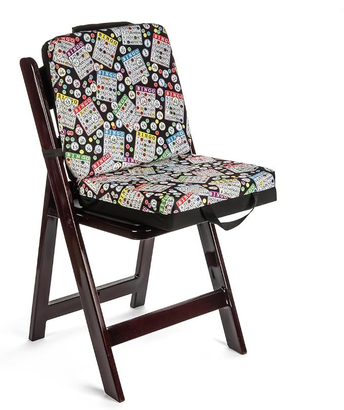Seat Cushion Classic Bingo Pattern – Extra Thick 3” Bingo Pillow with Strap, Storage Pouch & Handles – Comfortable Folding Chair Cushion for Bingo Nights