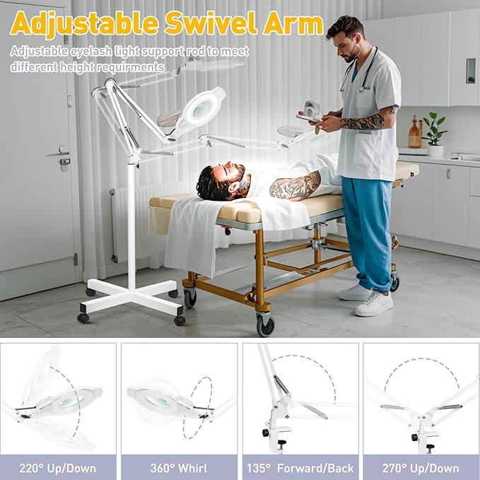 10X Magnifying Glass with Light and Stand, NUEYiO 2200 Lumen Stepless Dimmable Magnifying Floor Lamp, 2-in-1 Adjustable Metal Swing Arm Lighted Magnifier, Mag Lamp for Estheticians Crafts Facial