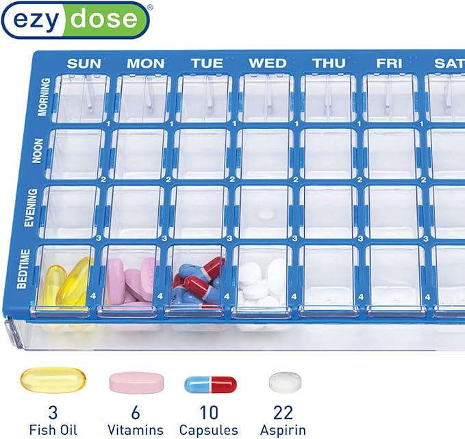 EZY DOSE Pill Organizer Weekly (7-Day), Medicine Planner, Vitamin Case/Box, Medium Compartments with Easy Fill Tray, 4 Times a Day, Easy to Use Containers, Clear Lids, Blue, BPA Free