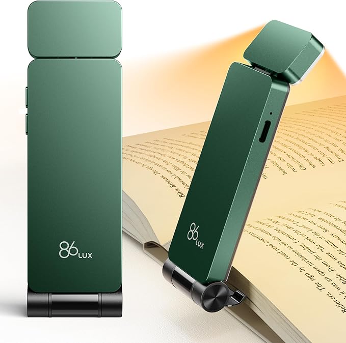 86lux Book Light, Rechargeable Reading Lights for Books in Bed, Ultralight Clip-on LED Bookmark Lamp with 3 Amber Colors & Stepless Dimming for Night Reading for Book Lovers, Kids,Hunter Green