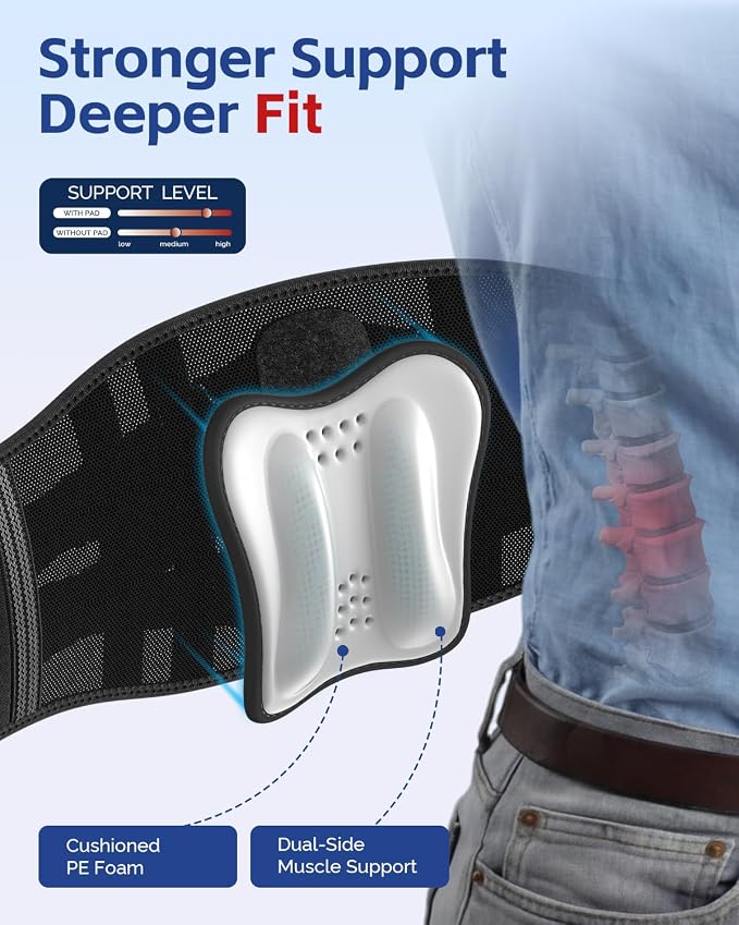 FEATOL Back Brace for Men Lower Back and Women, Removable Dual-Side Spine Lumbar Pad with Snug Fit, Adjustable Support Belt for Work, Gray, Size XL 39-45"