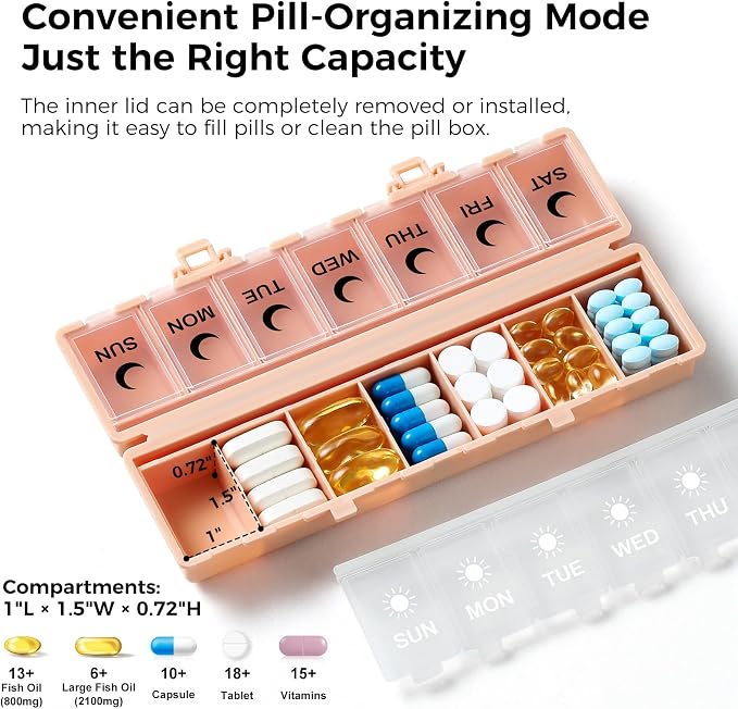 Foldable Pill Organizer Weekly 2 Times a Day, 7 Day Portable AM PM Travel Pill Case with Black&White Labels, Dual-Protection Daily Medicine Box, Large Pill Container for Vitamin/Supplement-Pink