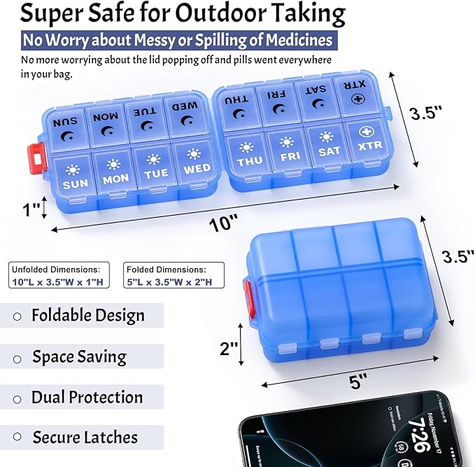 Foldable Weekly Pill Organizer 2 Times a Day with 2 Extra Compartments (Clear Printed Labels) - 7 Day AM PM Medicine Box, Week Daily Travel Pill Case Holder for Vitamin, Supplement - Clear Blue