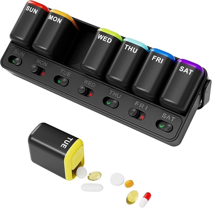 Restree Weekly Pill Organizer 7 Day, Large Capacity Pill Box with Reminder Indicator, Easy Slide Open Detachable Travel Pill Case for Vitamins Supplements & Daily Medications (Black)