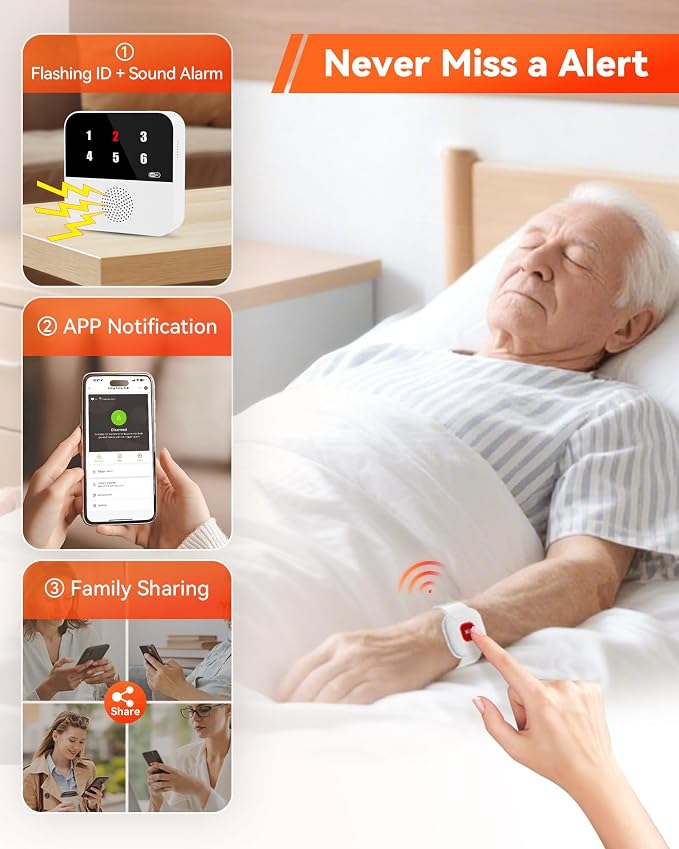 PILSAMAS WiFi Caregiver Pager with 1 Wireless Call Button & 1 Wristband | App Alerts With No Monthly Fee, Caller ID Display, IP65 Waterproof, Ideal For Elderly Home Care