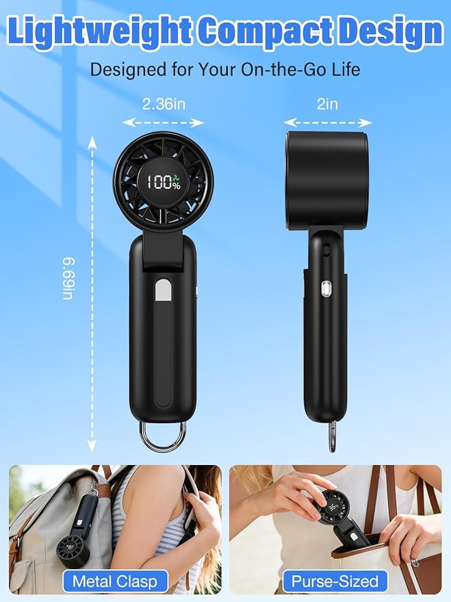 AI Handheld Fan Turbo, 100-Speed Portable Fan Rechargeable, Mini Fan with 12800 RPM Strong Airflow, Foldable 4-in-1 Personal Fan for Travel, Camping, Beach & Office, USB-C & Lightweight & Quiet