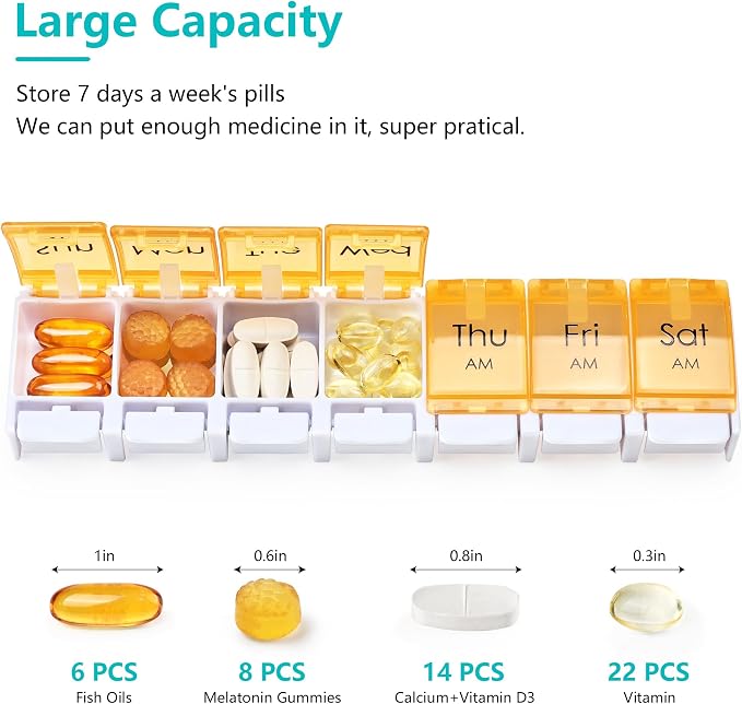 MOLN HYMY Weekly Pill Organizer, AM PM 2 Times a Day, 14 Compartments, Push Button Design, for Medication, Vitamins, Supplements