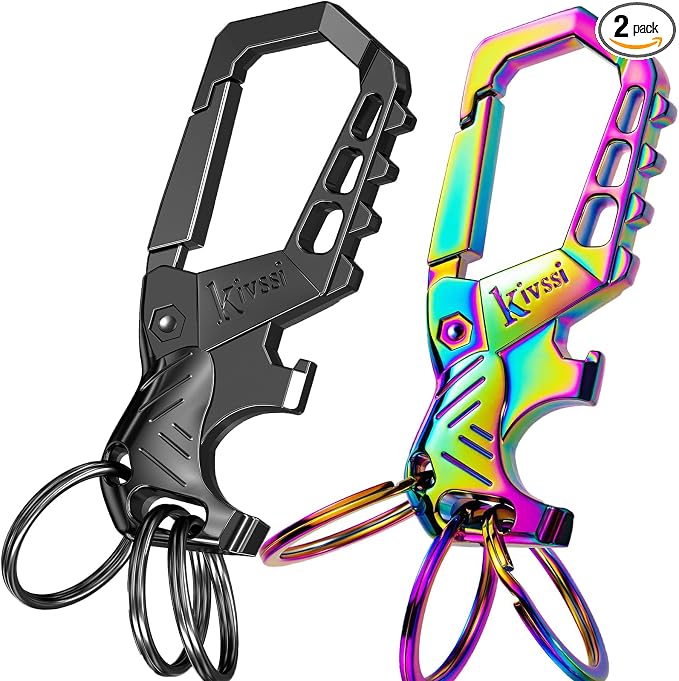 Kivssi Heavy duty metal keychains, Carabiner clip Car key chains,Fashion family keychain bottle opener and 3 Key Rings suitable for men and women.(Black+Multicolor)