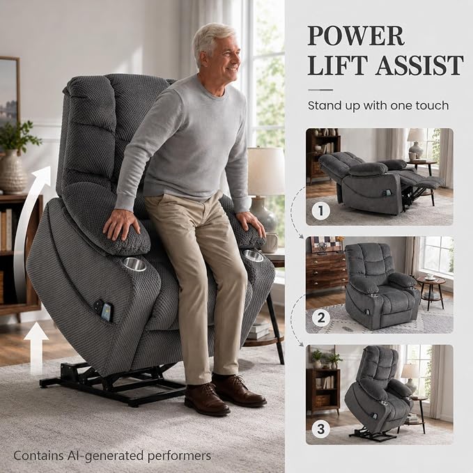 Ultra Wide Power Lift Recliner Chair for Elderly,Rotating Lounge Chair with Hot Massage Heating and Auxiliary Standing Function,Oversized Lazyboy Single Sofa with Cup Holder for Living Room (Grey)