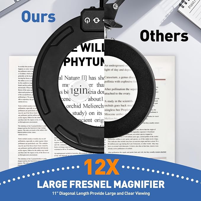 HITTI 12X & 30X Ultra Long Magnifying Glass with Light and Clamp | Swivel Arm, 5 Color Modes Steepless Dimming LED Desk Lamp, Hands Free Lighted Magnifier Stand for Workbench Reading Hobby