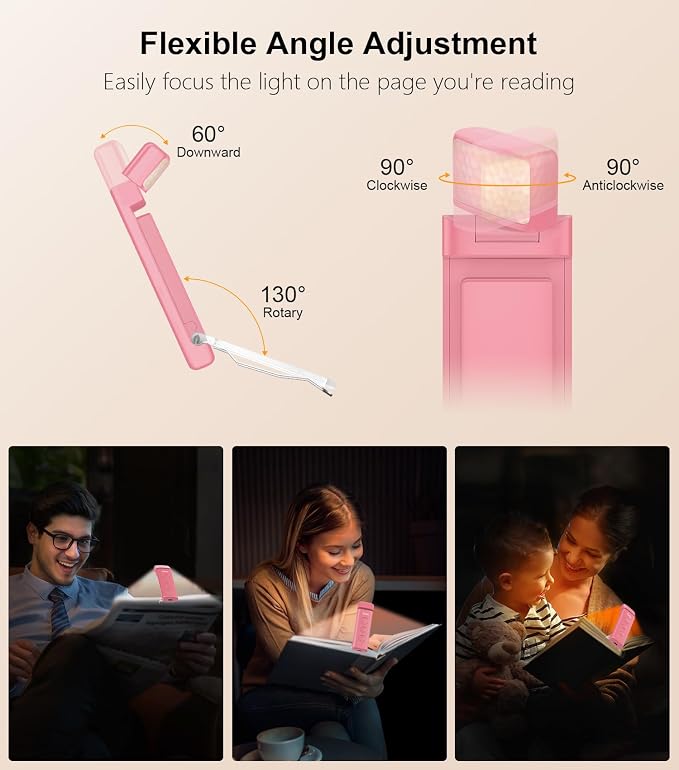 Gritin Book Light Rechargeable, Clip on LED Reading Light for Books in Bed | Eye Caring 3-Color & 5-Brightness, Stepless Dimming, Long Lasting, Compact Size Flexible Book Lamp for Bookworms-Warm Pink