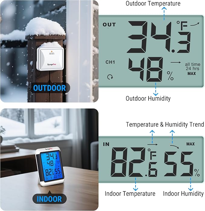 TempPro TempAir Indoor Outdoor Thermometer Digital Wireless Hygrometer | Temperature Humidity Monitor with Jumbo Touchscreen and Backlight Humidity Gauge,LCD
