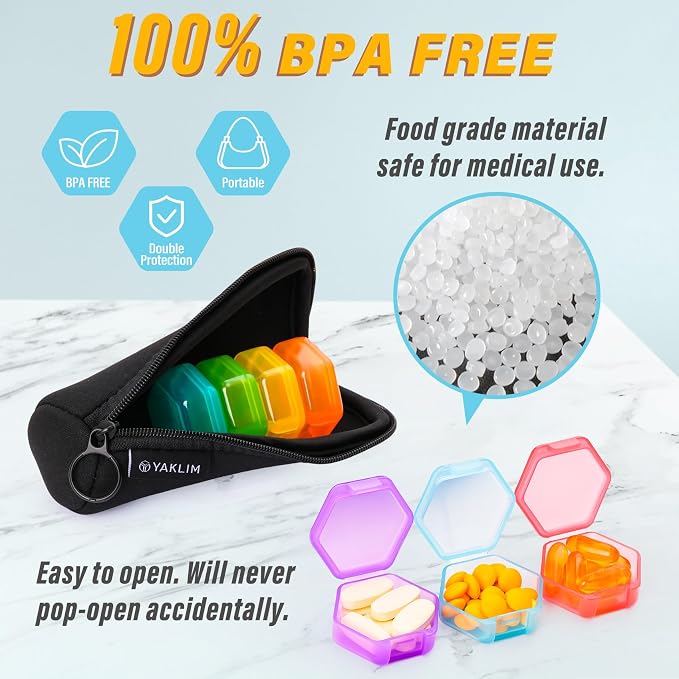 Yaklim Small Pill Case, 7 Pack Mini Pill Box with Bag, BPA Free | Portable Travel Pill Box, Pocket Purse Briefcase Use, 7 Individual Pill Containers for Vitamin Fish Oils and Supplements