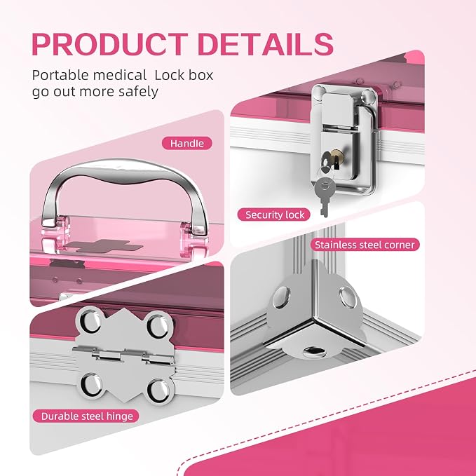 Glosen Medicine Lock Box With Key,pink,8.46 * 5.87 * 5.51 Inch,locked Medicine Box with Child Safe Lock