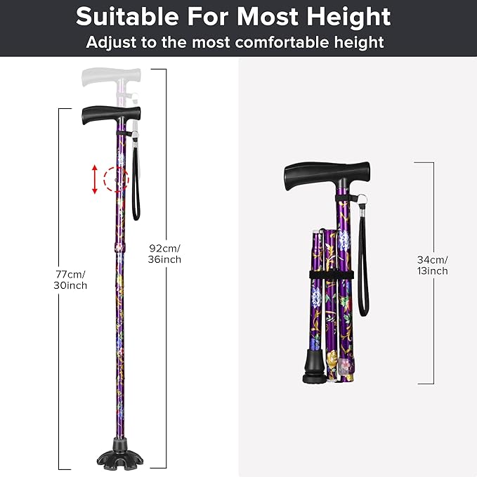 Floral Canes for Women Folding Cane for Stability with Non-Slip Base, Adjustable Walking Cane for Seniors - Lightweight Collapsible Walking Sticks with T & Offset Handle