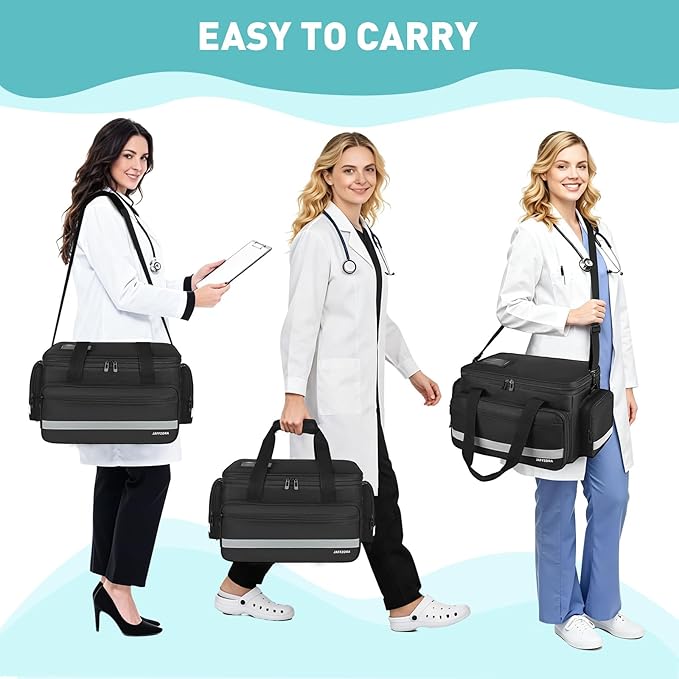 Medical Bag, Medical Equipment Case Empty, Large Home Health Nurse Bag with Shoulder Strap, Medication First Aid Organizer for Therapist, Doctors, Nursing Students (Black)