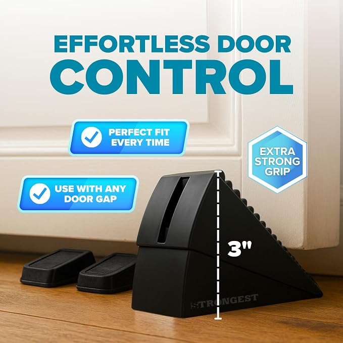 STRONGEST HOME Stoppers for Bottom of Door – Heavy Duty Metal Rubber Door Stopper, Non-Slip Door Stop for Heavy Doors, Works on Wood, Tile & Carpet Floors Folding Black 10 PCs + White Wall Protectors