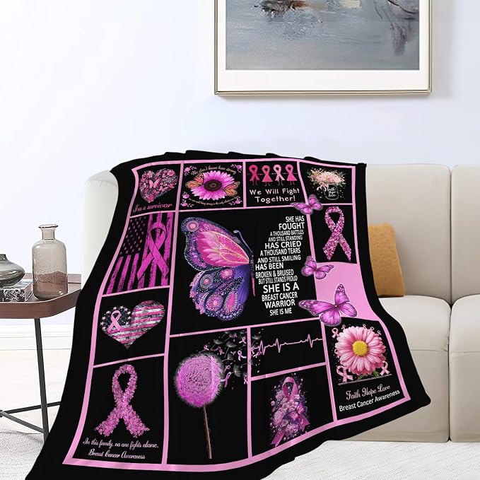 Breast Cancer Awareness Blanket Chemo Pink Ribbon Flannel Plush Throw Blanket Cozy Inspirational Warrior Decor Fleece Stuff Blanket Gifts for Lover Girls Boys Kids Adults Women Bed Travel 50"x60"