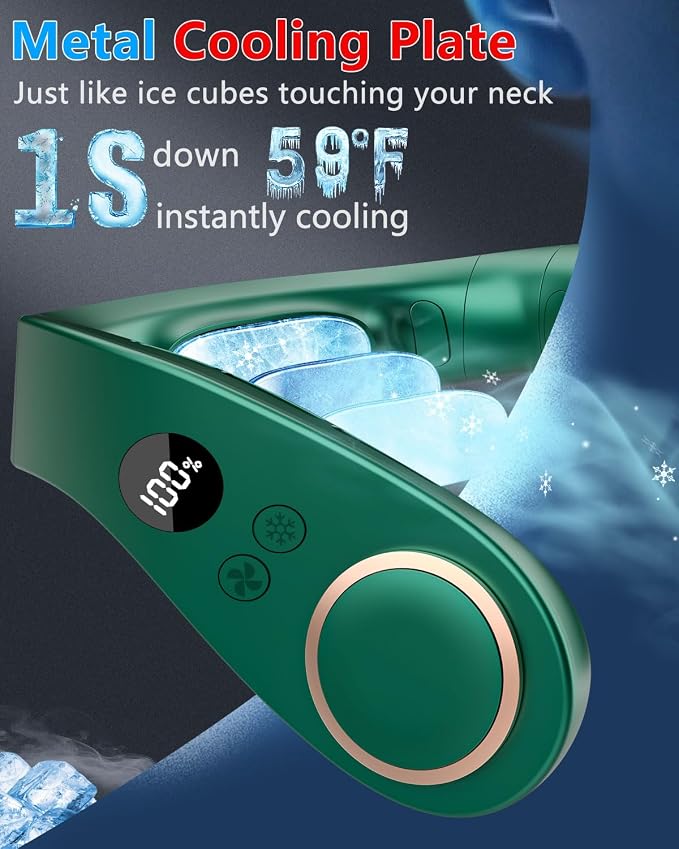 Neck Fan with Cooling Plate-24H Quiet Powerful Fans that Blow Cold Air-5 Speed&Power LED Display-USB 5500mAh Bladeless Wearable Personal AC Cooler for Women,Men,Kids,Travel,Outside,Indoor Green