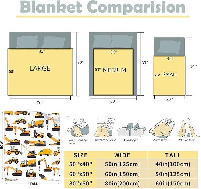 Excavators Construction Blanket Gifts for Yellow Trucks Lover 60 x 50 Inch for Teen,Excavators Trucks Fannel Fleece Throw Blanket Super Soft Throws Blanket for Bed Couch Sofa