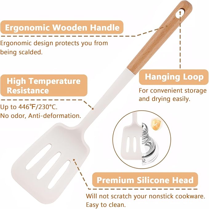 Silicone Kitchen Utensils Set of 4, Large Non-Stick Cooking Utensil Set w Wooden Handle Food Grade Heat Resistance Turner Spoon Silicone Cooking Kitchen Gadgets BPA Free for Nonstick Cookware
