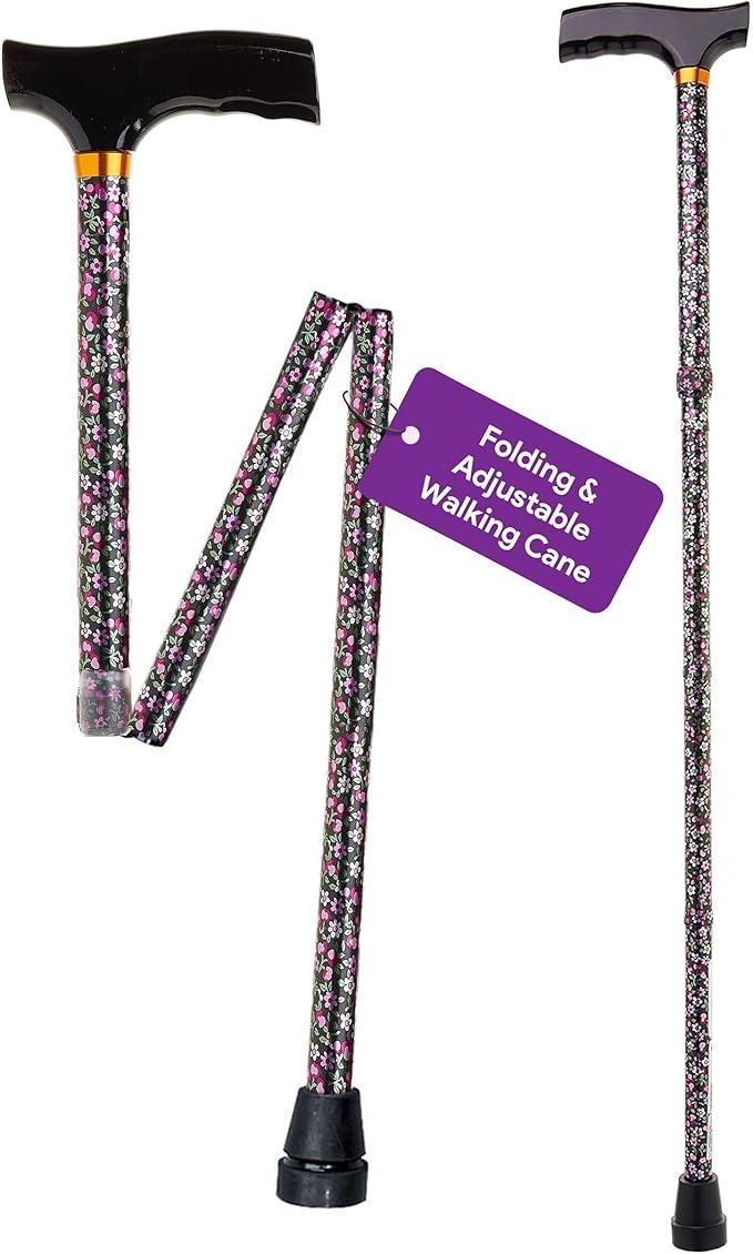 Folding Walking Cane for Women and Men - 33" - 37" Adjustable Height Aluminum Walking Stick for Stability and Balance - Folds Compactly to Four Parts for Travel and Storage - Black Floral Design