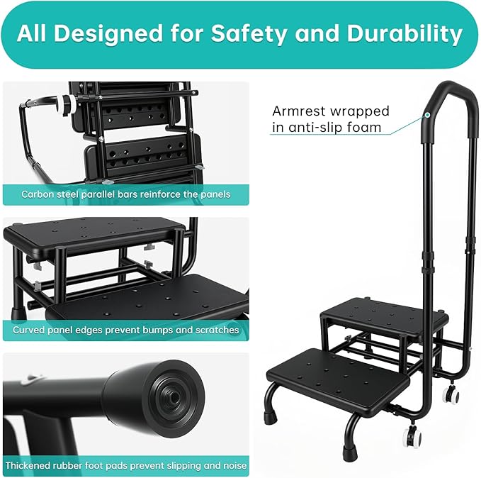 2 Step Stool with Handrail & 2 Casters for Elderly, Bed Steps for High Beds for Adults, Non Slip Platform and Adjustable Handrail, for Kitchen Bathroom RV Bathtub, Assist Rail for Elderly, Black